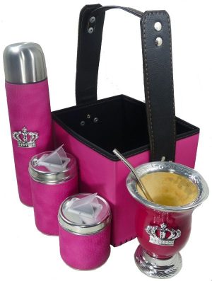 Set matero canasta color fucsia con mate calabaza y corona