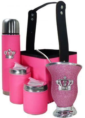 Set matero canasta color rosa flúor con mate calabaza y corona