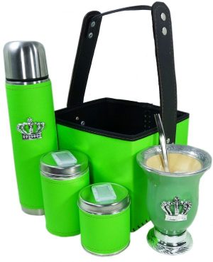 Set matero canasta color verde fluor con mate calabaza y corona