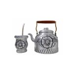 Juego de pava flor tallada con mate y bombilla
