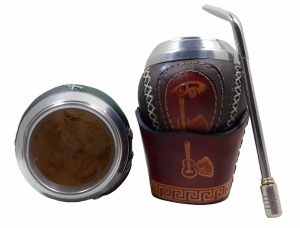 Mate de cuero con base de cuero y bombilla de acero pico loro