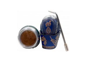 Mate de cuero azul con base y bombilla