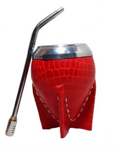 Mate torpedo forrado con eco-cuero croco rojo y bombilla pico loro