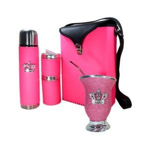 Set matero flor color rosa fluor con mate corona glitter