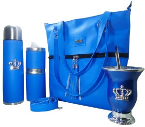 Set de mate con cartera azul y mate de calabaza con corona colección Aylen