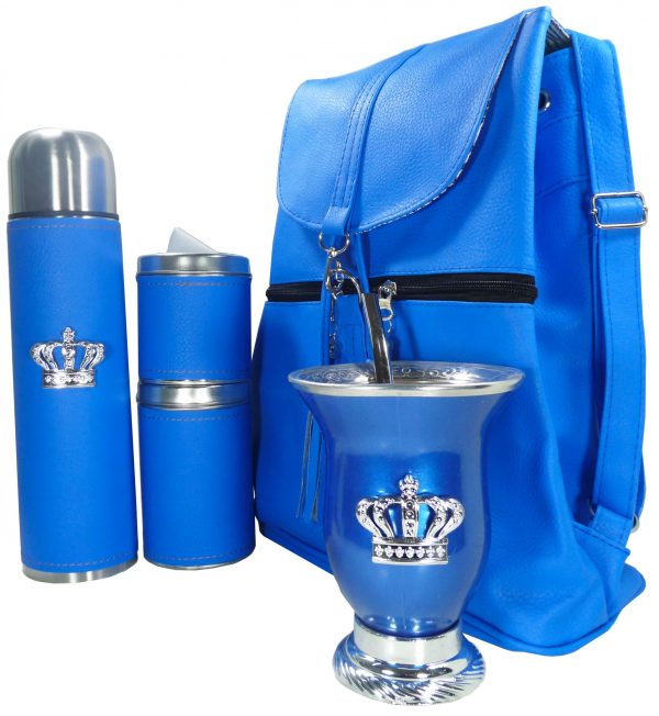 Set matero con mochila aylen azul y mate calabaza con corona